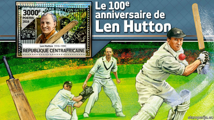 Zegelblok Centraal-Afrikaanse Republiek met de Engelse cricketer Len Hutton