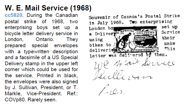 W-E-Mail-Service-London-Canada-Ontario-post-strike-1968-cinderella-Field-Guide-to-the-Cinderella-Stamps-Ron-G-Lafreniere-stamp-timbre-velo-briefmarke
